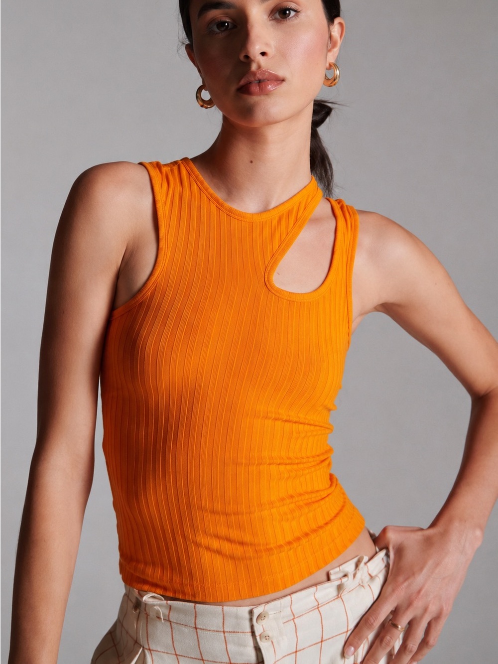 Anthropologie Maeve Orange Ribbed Cutout Tank Top Casual Sporty Preppy Size S